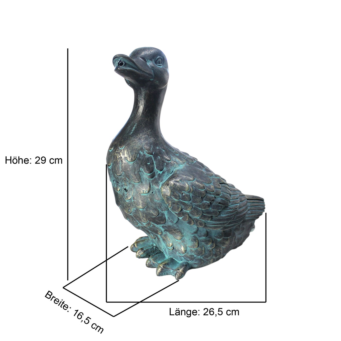 Ente Solarbrunnen Wasserspeier solarbetrieben – Teichfigur mit Solarpumpe & Wasserspiel – Gartendeko aus Polyresin in Bronze-Optik – 26,5 × 16,5 × 29,5 cm – Solarteichfigur für Gartenteich & Wasserlauf