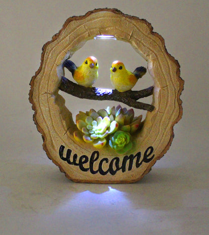 Solar Gartenfigur Welcome Baumstamm mit Vögeln Schild Figur beleuchtet