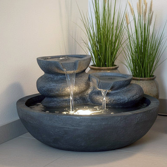 Dekorativer LED Zimmerbrunnen & Gartenbrunnen TP3005 Polyresin Wasserspiel mit warmweißem Licht für Innen & Außen