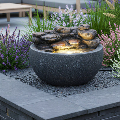 Springbrunnen mit LED Beleuchtung TP3003 Zimmerbrunnen rund Stein-Optik Wasserfall Gartenbrunnen 42x30 cm Wasserspiel Deko