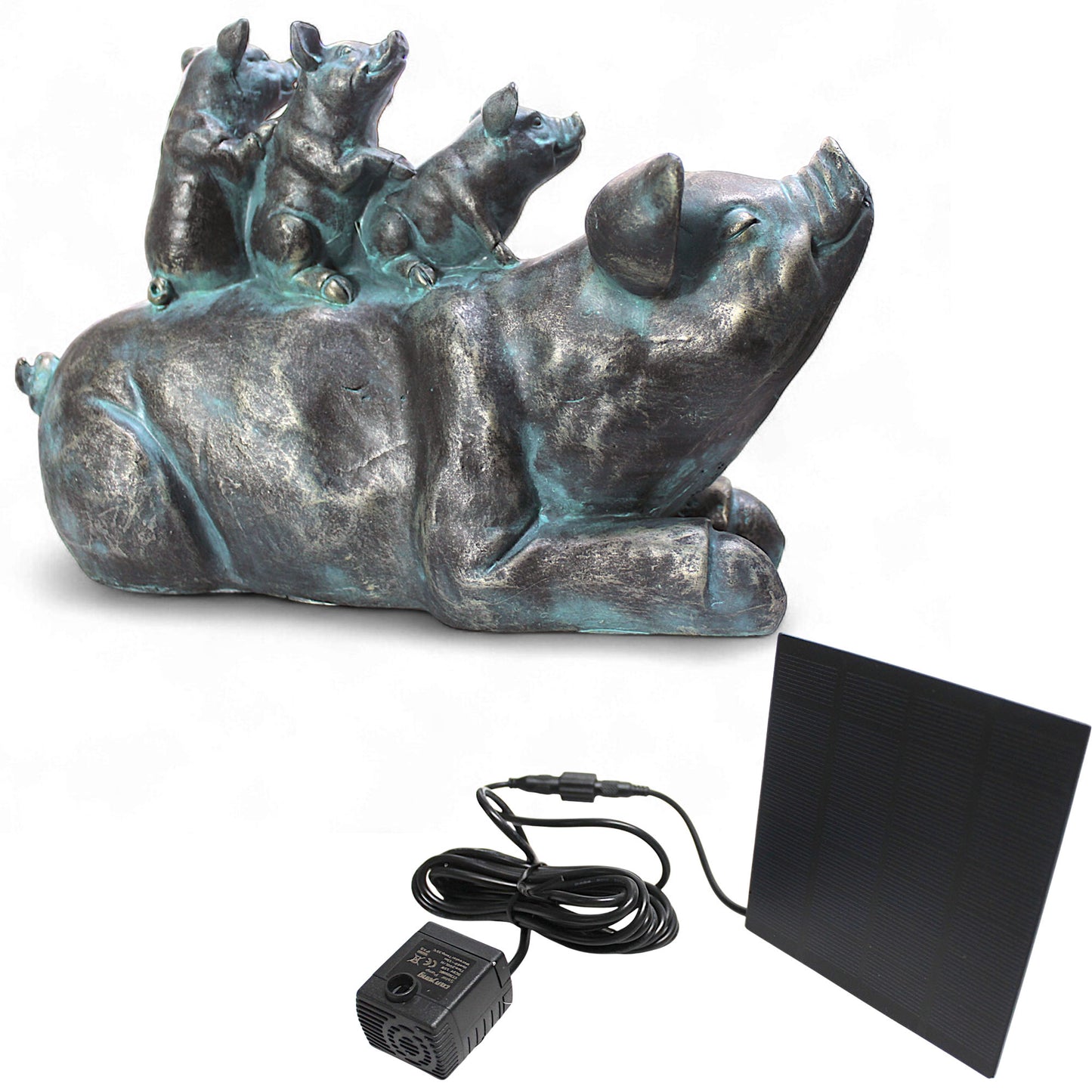 Familie Schwein Wasserspeier solarbetrieben – Teichfigur mit Solarpumpe & Wasserspiel – Gartendeko aus Polyresin in Bronze-Optik – 32 × 14 × 21 cm – Solarteichfigur für Gartenteich & Wasserlauf