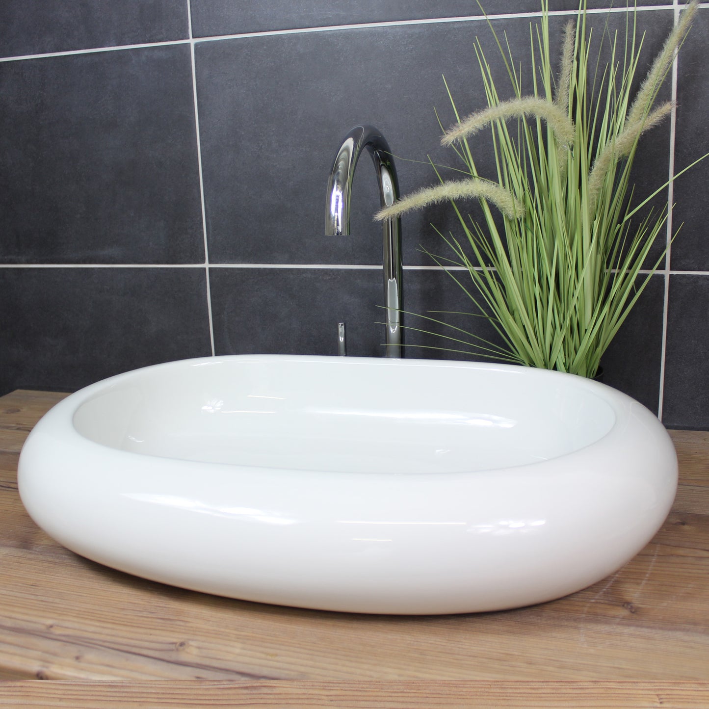 Aufsatzwaschbecken 62 x 40 x 10 cm länglich abgerundet Waschbecken Waschschale Keramik Weiß modern