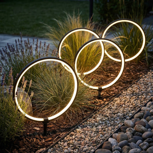 Solar Gartenleuchten LED Solar Gartenstecker modern, Solarleuchte Garten Leuchtringe Design warmweiß, Aluminium