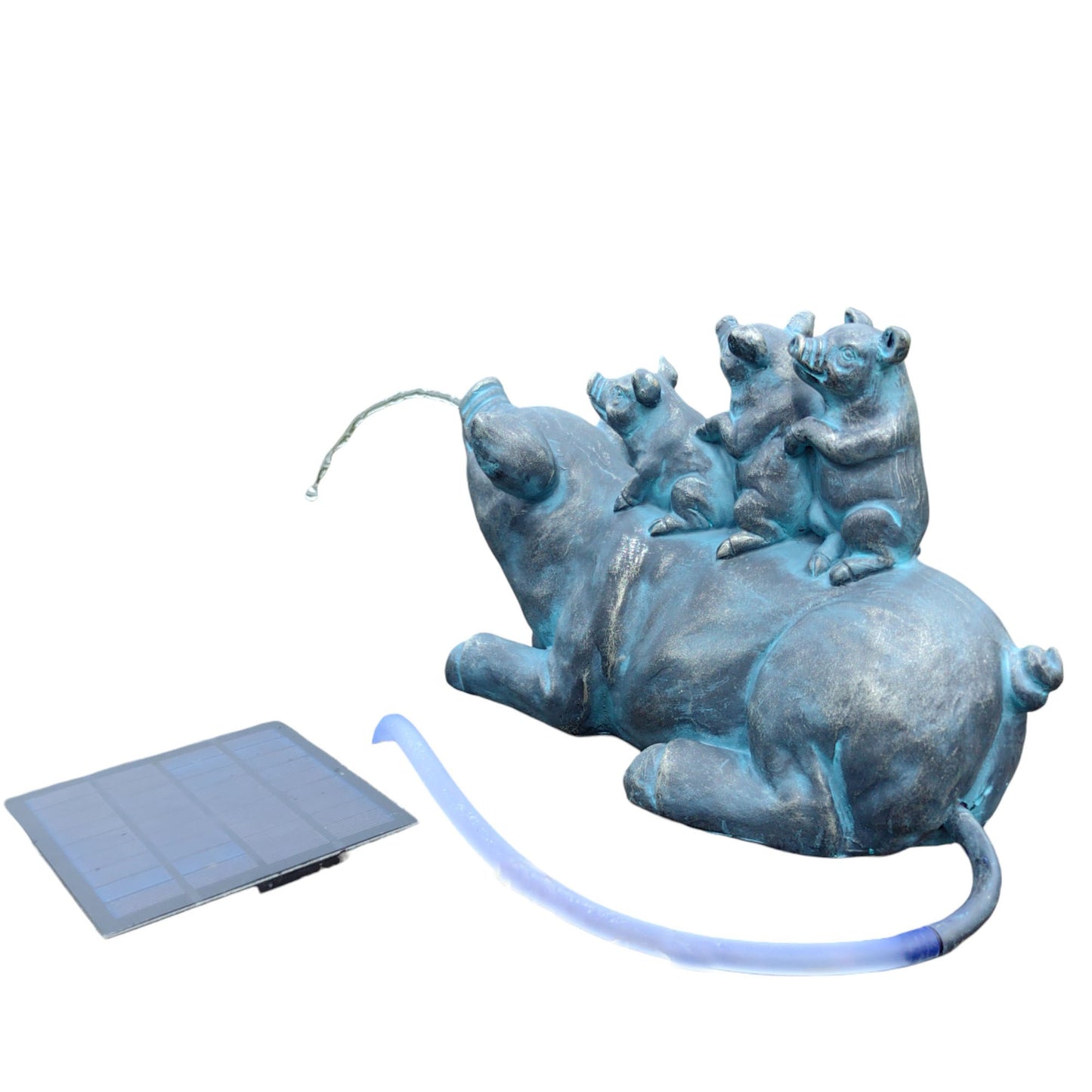 Familie Schwein Wasserspeier solarbetrieben – Teichfigur mit Solarpumpe & Wasserspiel – Gartendeko aus Polyresin in Bronze-Optik – 32 × 14 × 21 cm – Solarteichfigur für Gartenteich & Wasserlauf