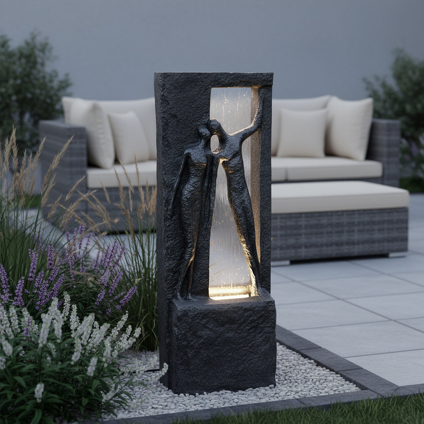 Springbrunnen Gartenbrunnen Zimmerbrunnen mit LED Beleuchtung 99,5cm mit Glasplatte Bronze-Steinoptik