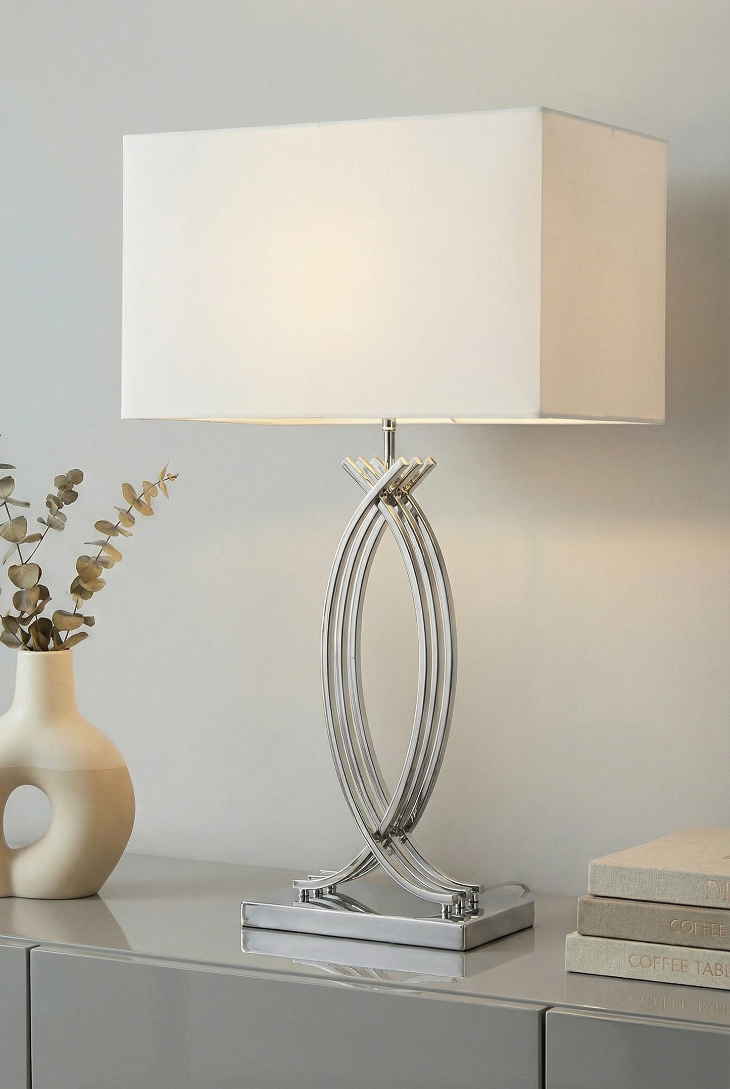 Tischlampe Chrom Design große Tischleuchte 74 cm Nachttischlampe weißer Schirm