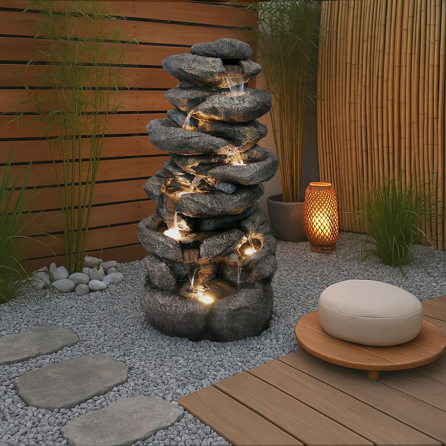 Großer Gartenbrunnen BK902 mit LED Beleuchtung Felsen Wasserfall Springbrunnen Gartendeko Groß