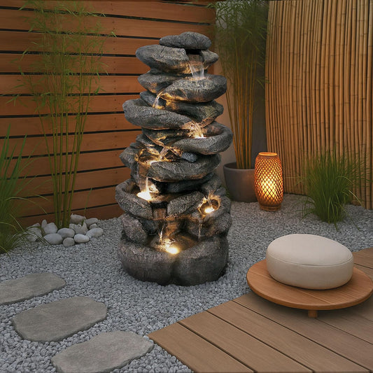 Großer Gartenbrunnen BK902 mit LED Beleuchtung Felsen Wasserfall Springbrunnen Gartendeko Groß