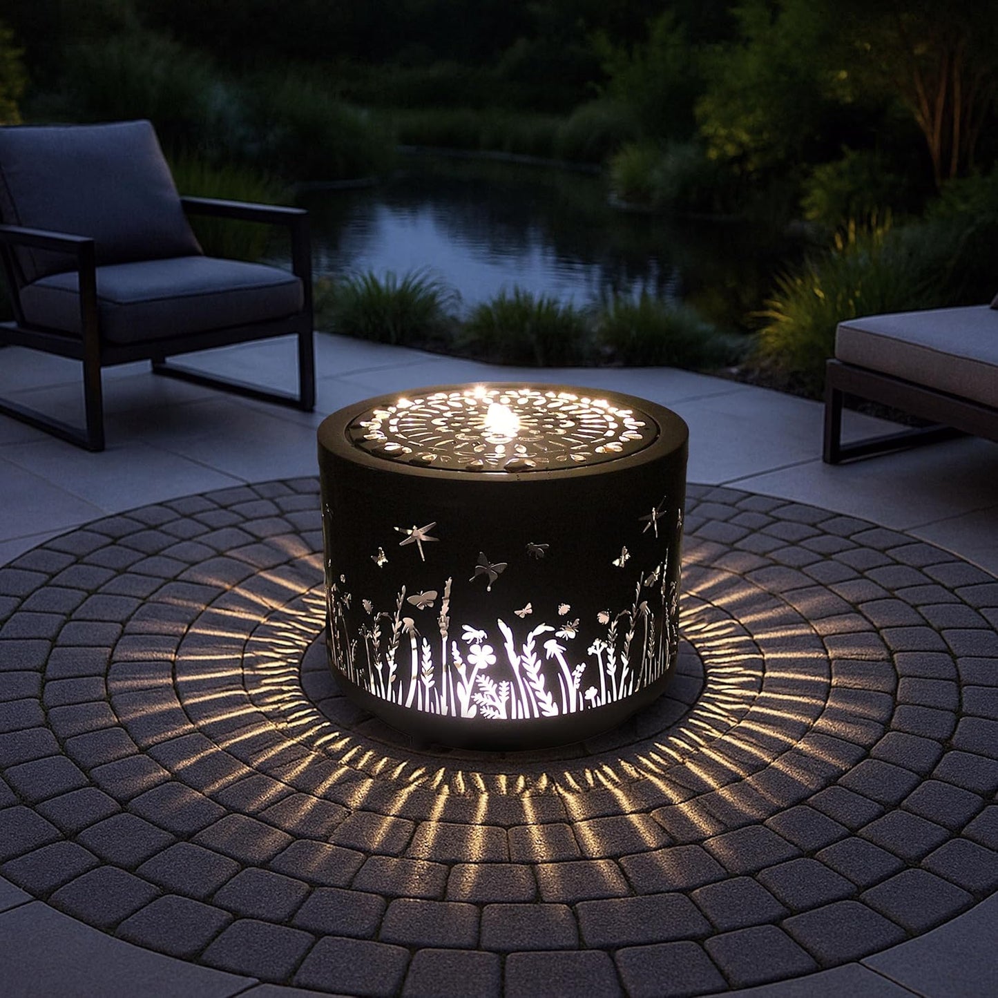 Gartenbrunnen mit LED Beleuchtung aus Metall runder Springbrunnen Wasserspiel Gartendeko