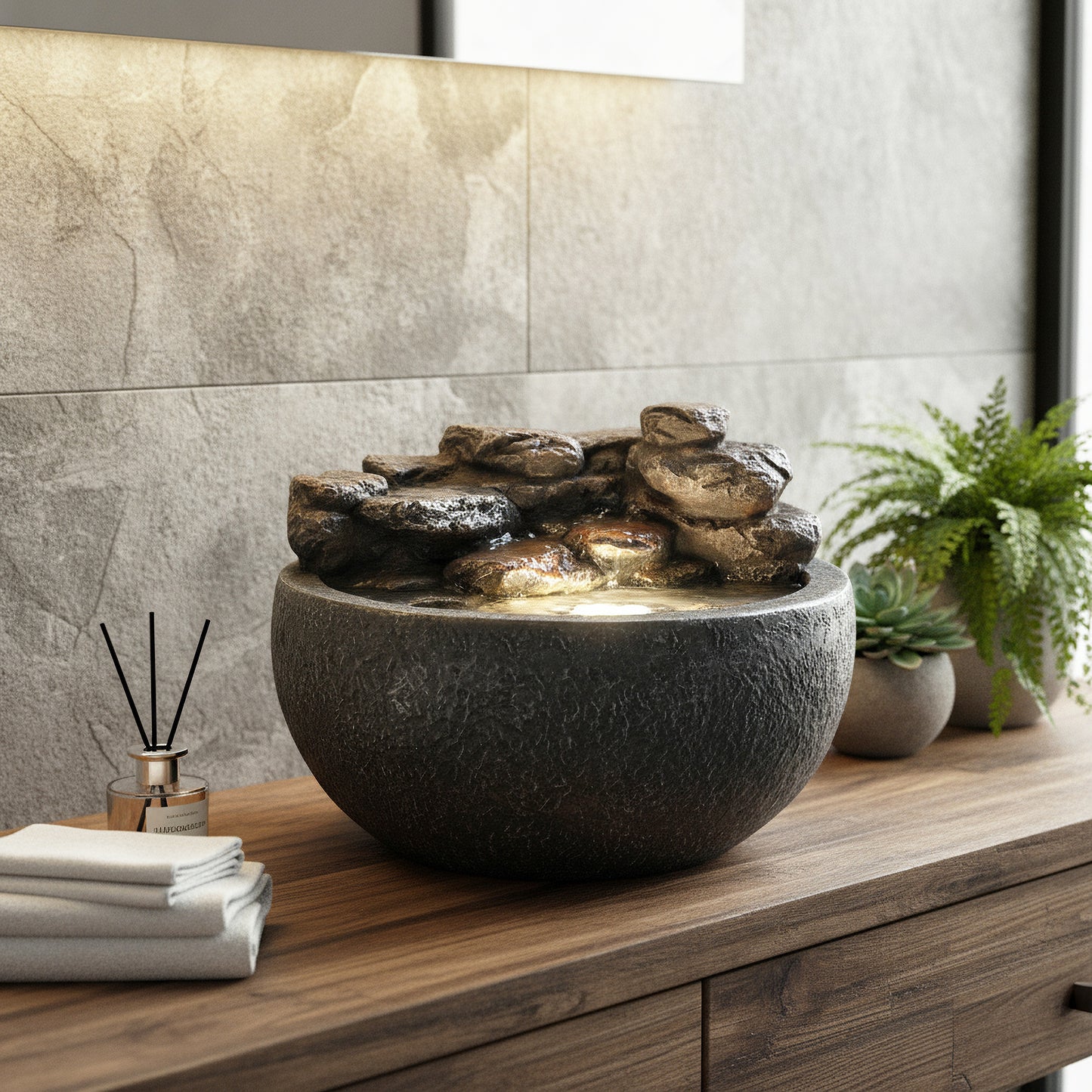 Springbrunnen mit LED Beleuchtung TP3003 Zimmerbrunnen rund Stein-Optik Wasserfall Gartenbrunnen 42x30 cm Wasserspiel Deko