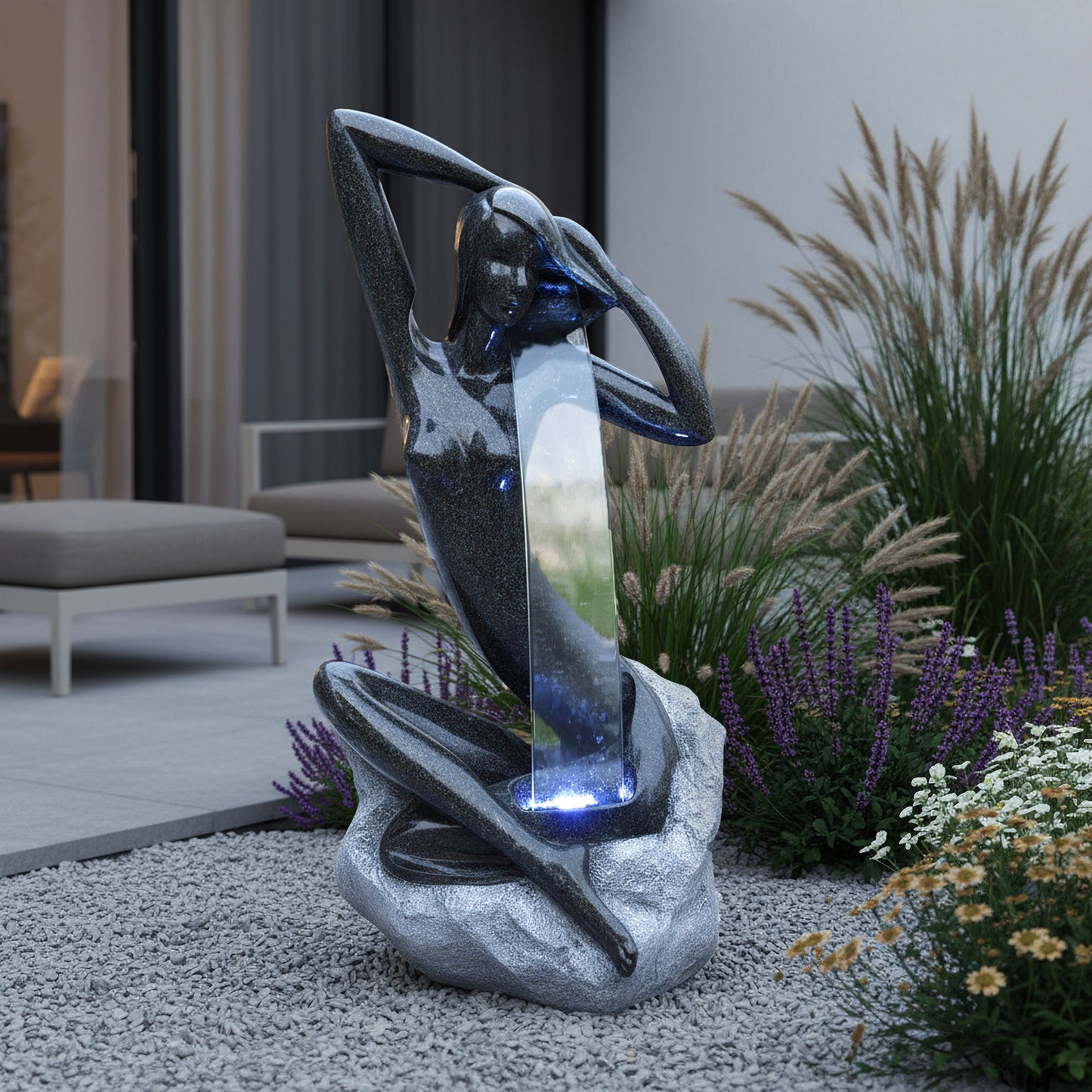 Design Springbrunnen mit LED Beleuchtung Zimmerbrunnen 101 cm Granit-Optik Gartenbrunnen Skulptur Brunnen Wasserspiel