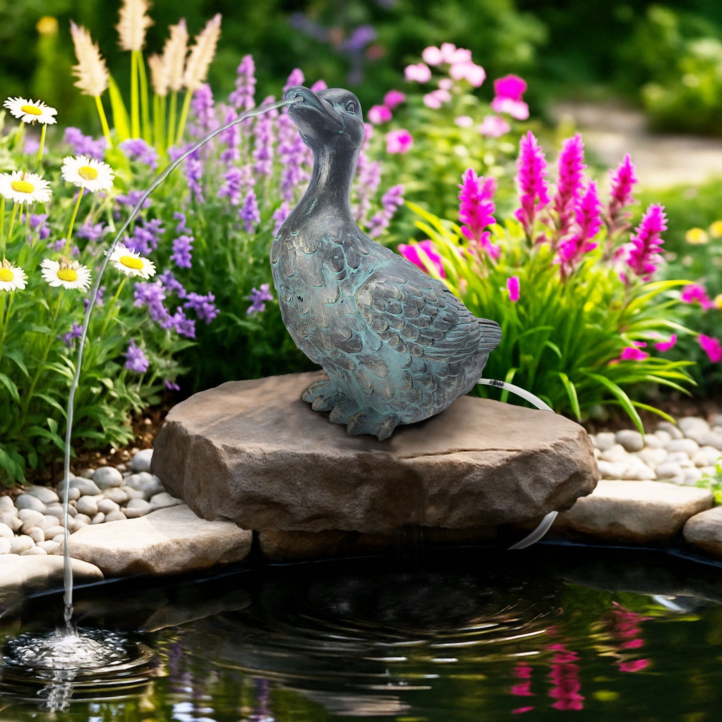 Ente Solarbrunnen Wasserspeier solarbetrieben – Teichfigur mit Solarpumpe & Wasserspiel – Gartendeko aus Polyresin in Bronze-Optik – 26,5 × 16,5 × 29,5 cm – Solarteichfigur für Gartenteich & Wasserlauf
