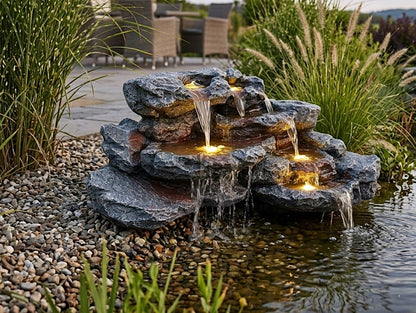 Kunstfelsen Wasserfall für Teich BK-T300 – Brunnen LED Teichdeko Steinoptik