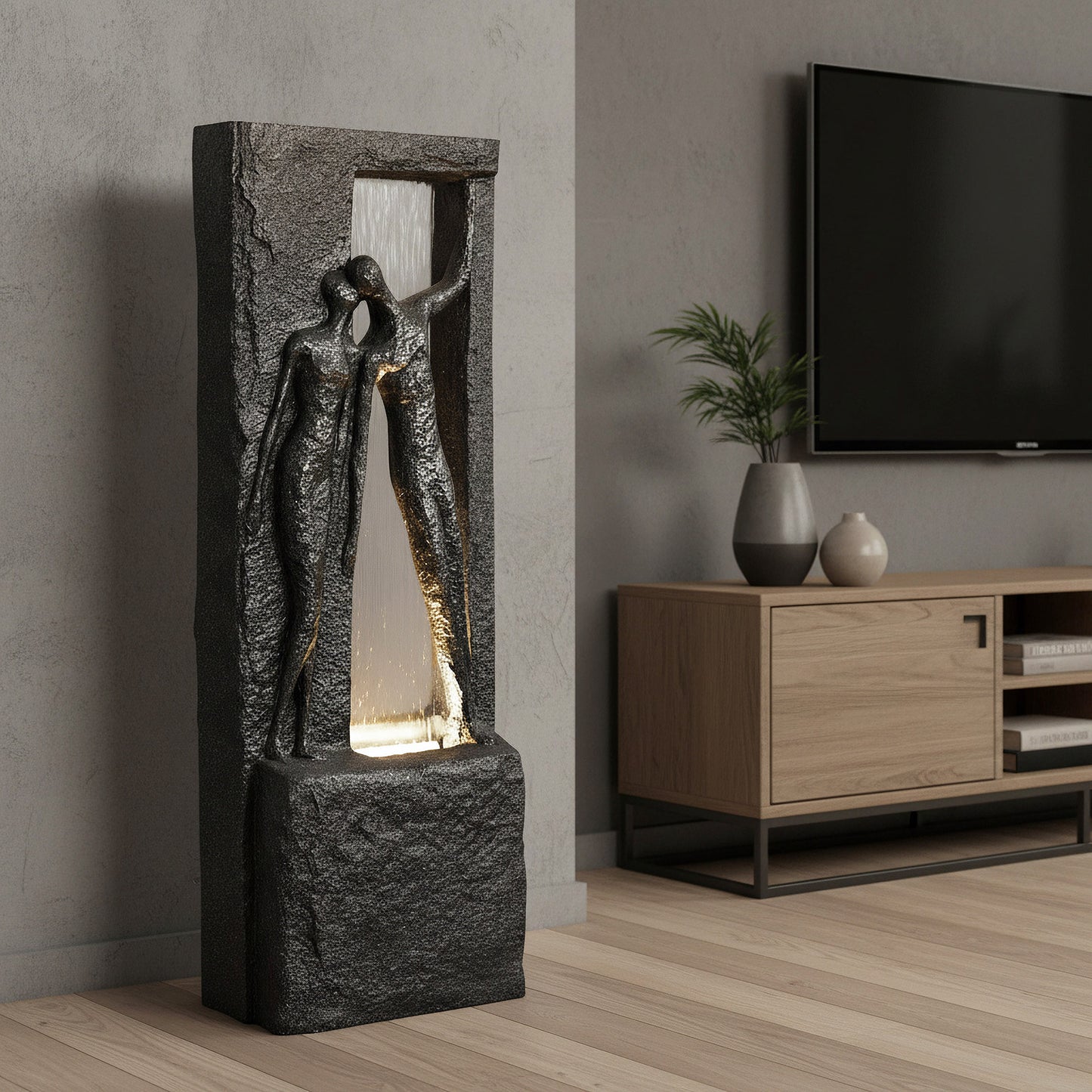 Springbrunnen Gartenbrunnen Zimmerbrunnen mit LED Beleuchtung 99,5cm mit Glasplatte Bronze-Steinoptik