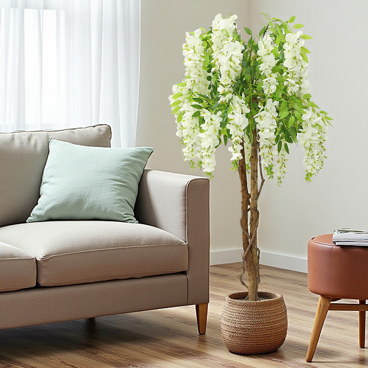 Kunstpflanze Wisteria im Topf 120 cm künstliche Pflanze weiße Blüten Dekopflanze