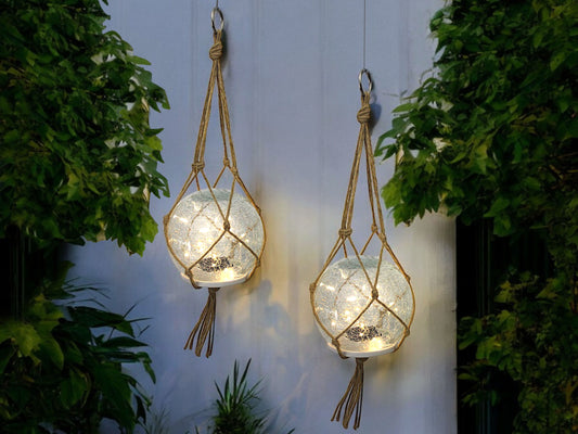 Solar Hängelampe & Tischlampe Leuchtkugel 2er Set Solarlampe 15 cm Boho-Stil mit hochwertigem Glas mit Jute Netz Gartendeko warmweiß