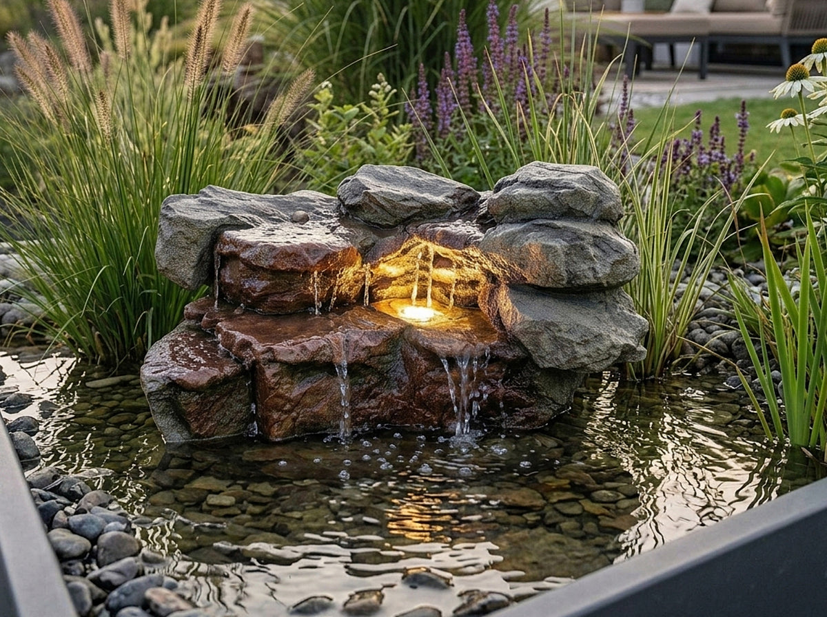 Teichwasserfall mit LED & Pumpe 500 L/h – Wasserfall Felsen für Gartenteich