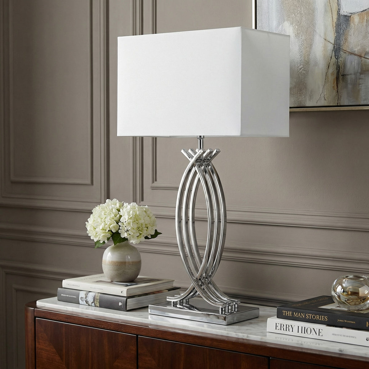 Tischlampe Chrom Design große Tischleuchte 74 cm Nachttischlampe weißer Schirm