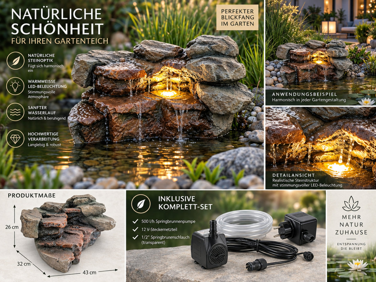 Teichwasserfall mit LED & Pumpe 500 L/h – Wasserfall Felsen für Gartenteich