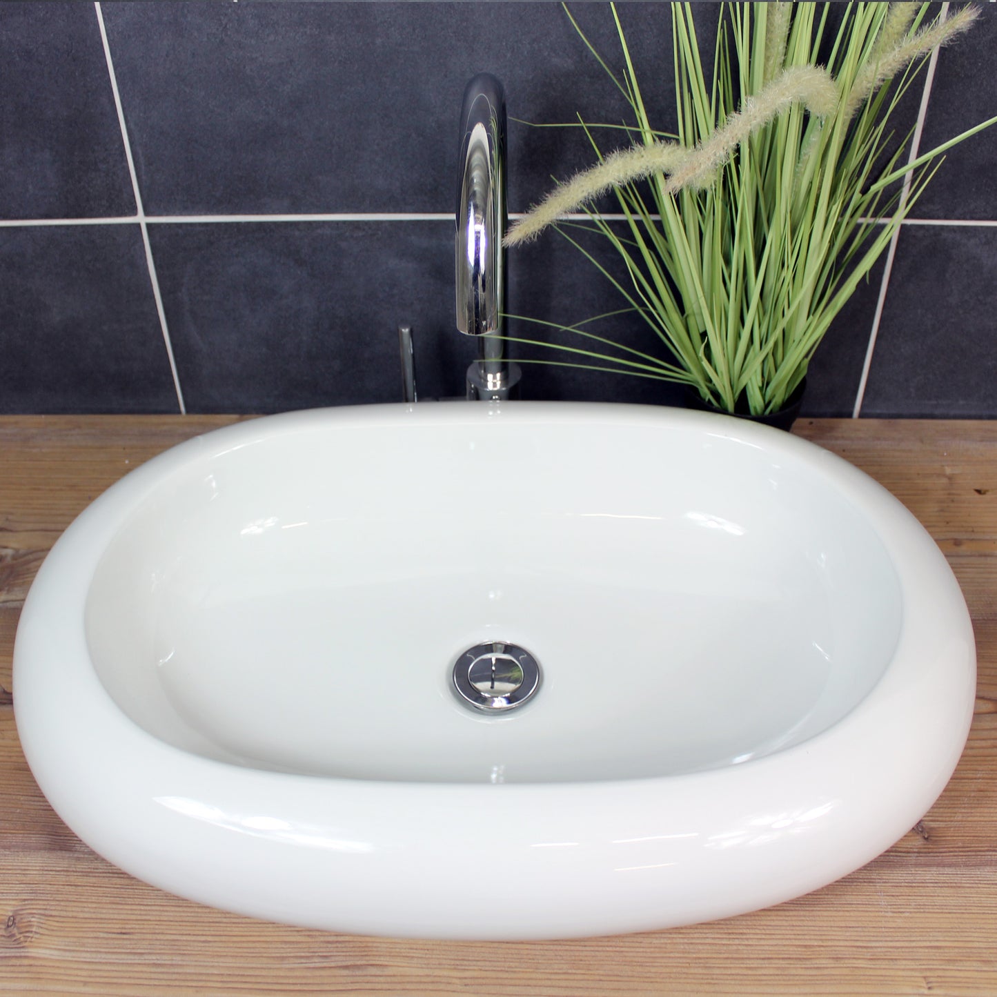 Aufsatzwaschbecken 62 x 40 x 10 cm länglich abgerundet Waschbecken Waschschale Keramik Weiß modern
