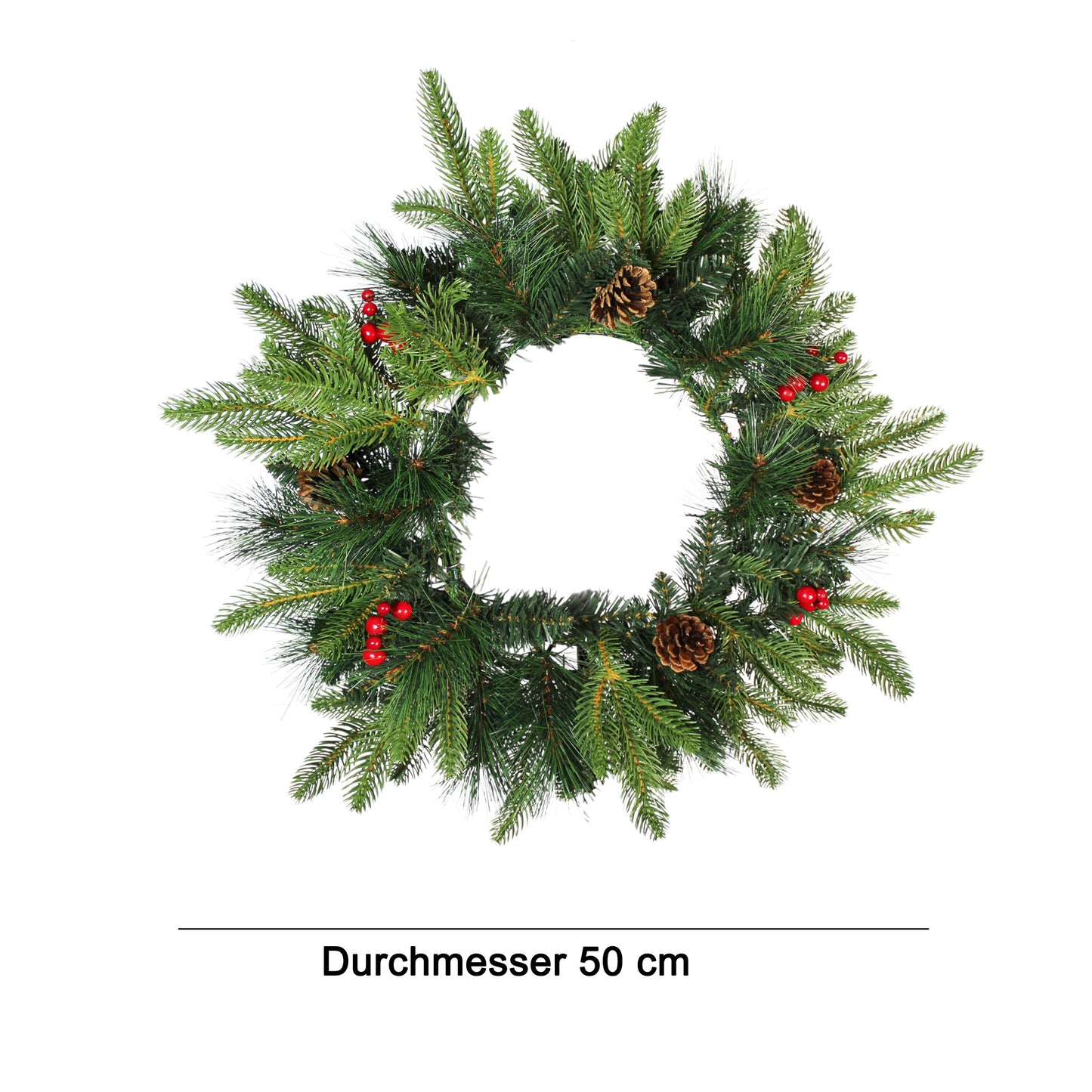 Künstlicher Weihnachtskranz 50 cm – Realistische Tannenzweige mit roten Ilex-Beeren & Tannenzapfen Deko-Kranz Spritzguss Mix