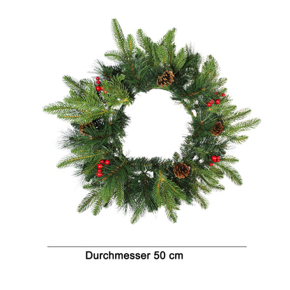 Künstlicher Weihnachtskranz 50 cm – Realistische Tannenzweige mit roten Ilex-Beeren & Tannenzapfen Deko-Kranz Spritzguss Mix