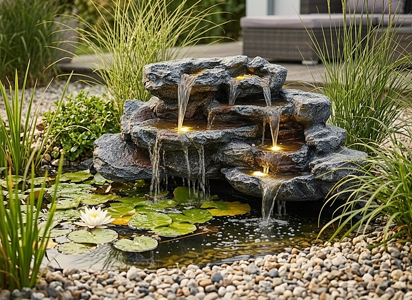 Kunstfelsen Wasserfall für Teich BK-T300 – Brunnen LED Teichdeko Steinoptik