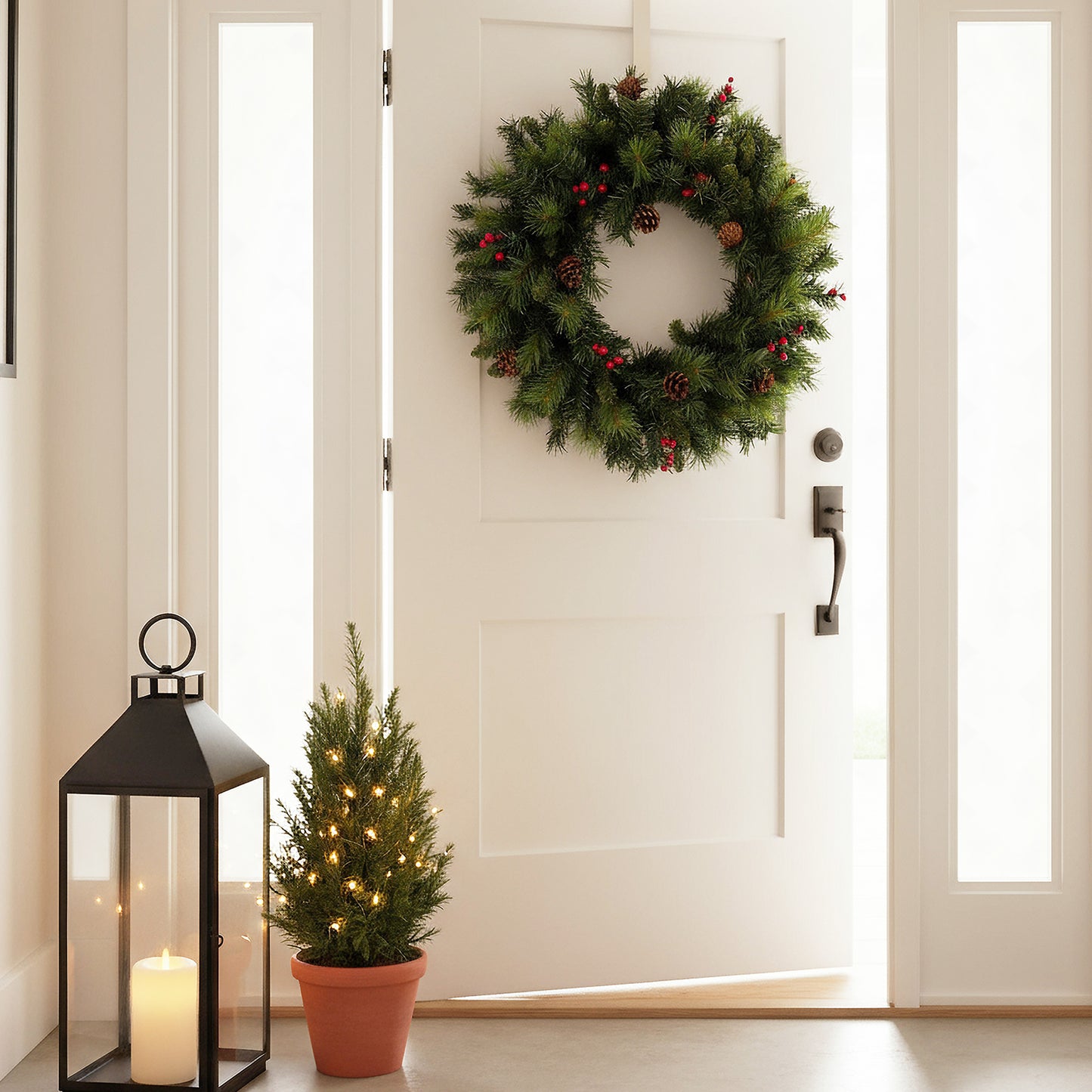 Künstlicher Weihnachtskranz 60 cm – Realistische Tannenzweige mit roten Ilex-Beeren & Tannenzapfen Deko-Kranz