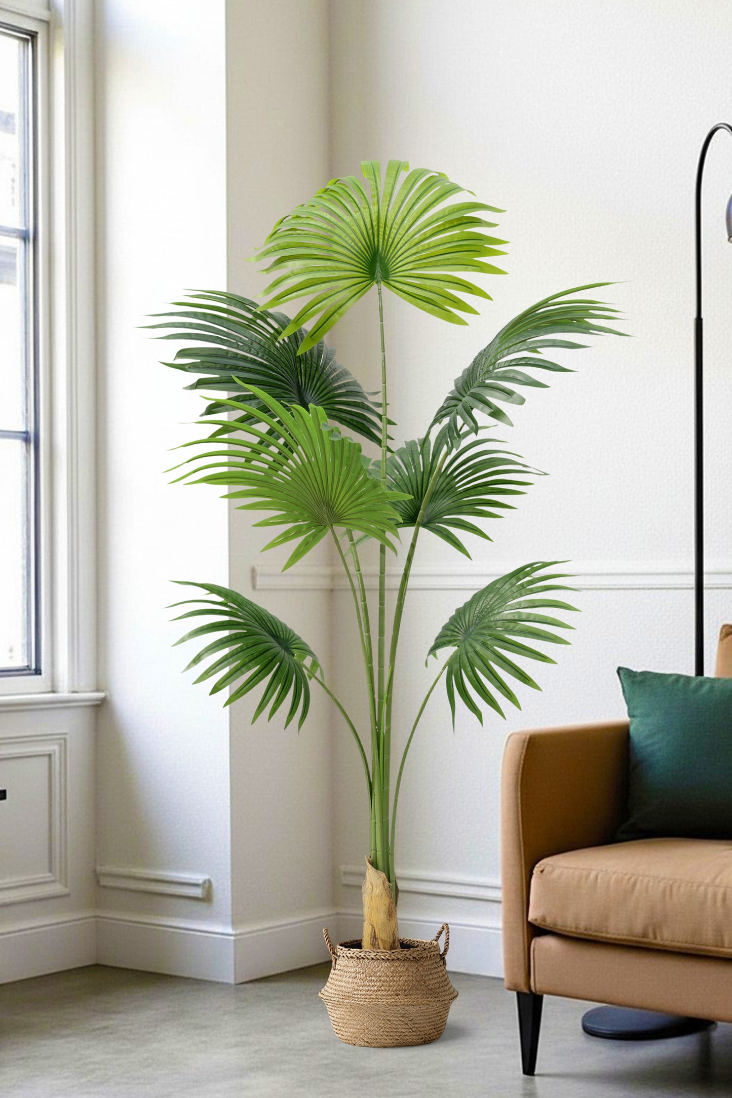 Künstliche Fächerpalme 160 cm – Große Kunstpalme mit 7 Palmenwedeln – Pflegeleichte Dekopflanze aus Kunststoff – Realistische Zimmerpflanze im Topf für Wohnzimmer & Büro