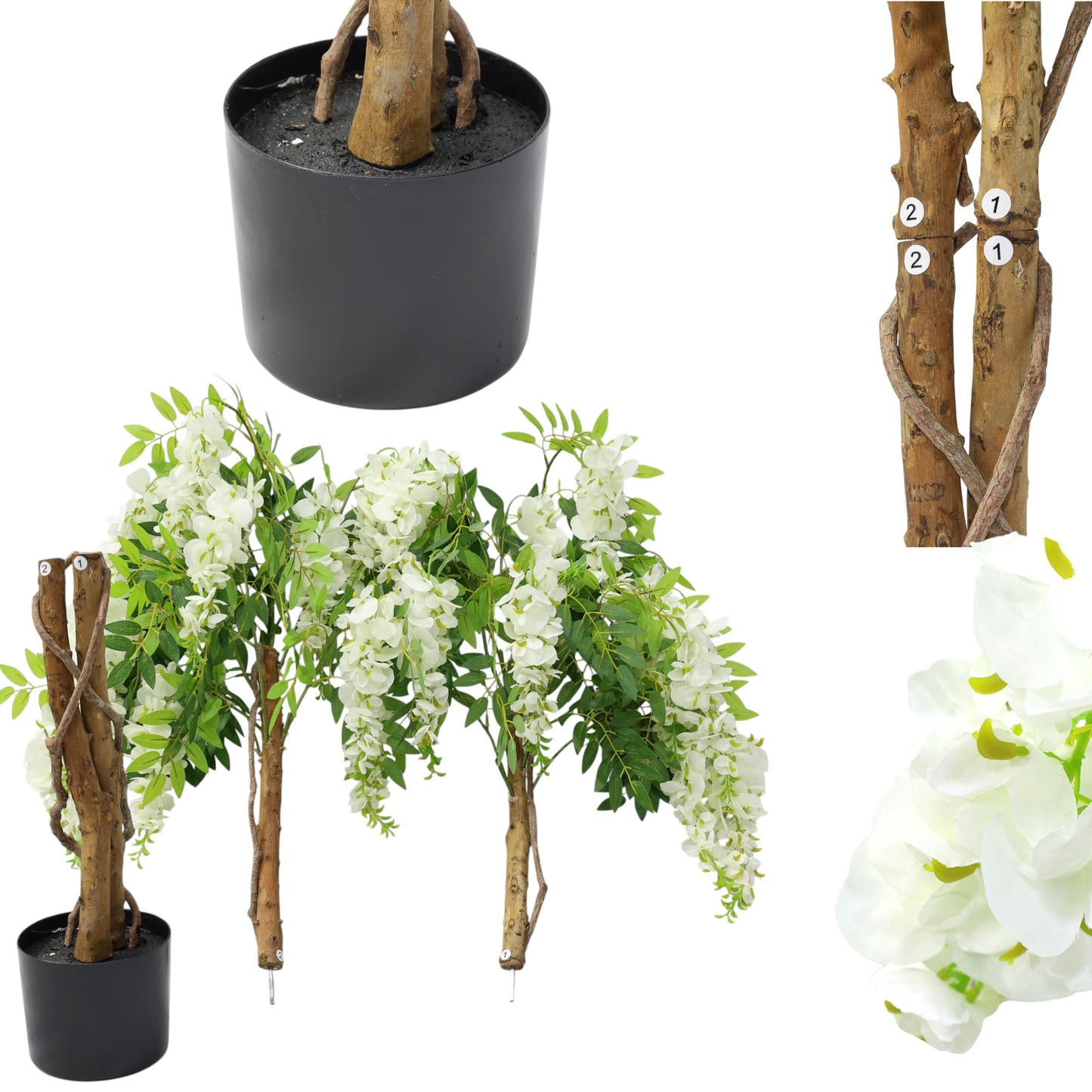 Kunstpflanze Wisteria im Topf 120 cm künstliche Pflanze weiße Blüten Dekopflanze