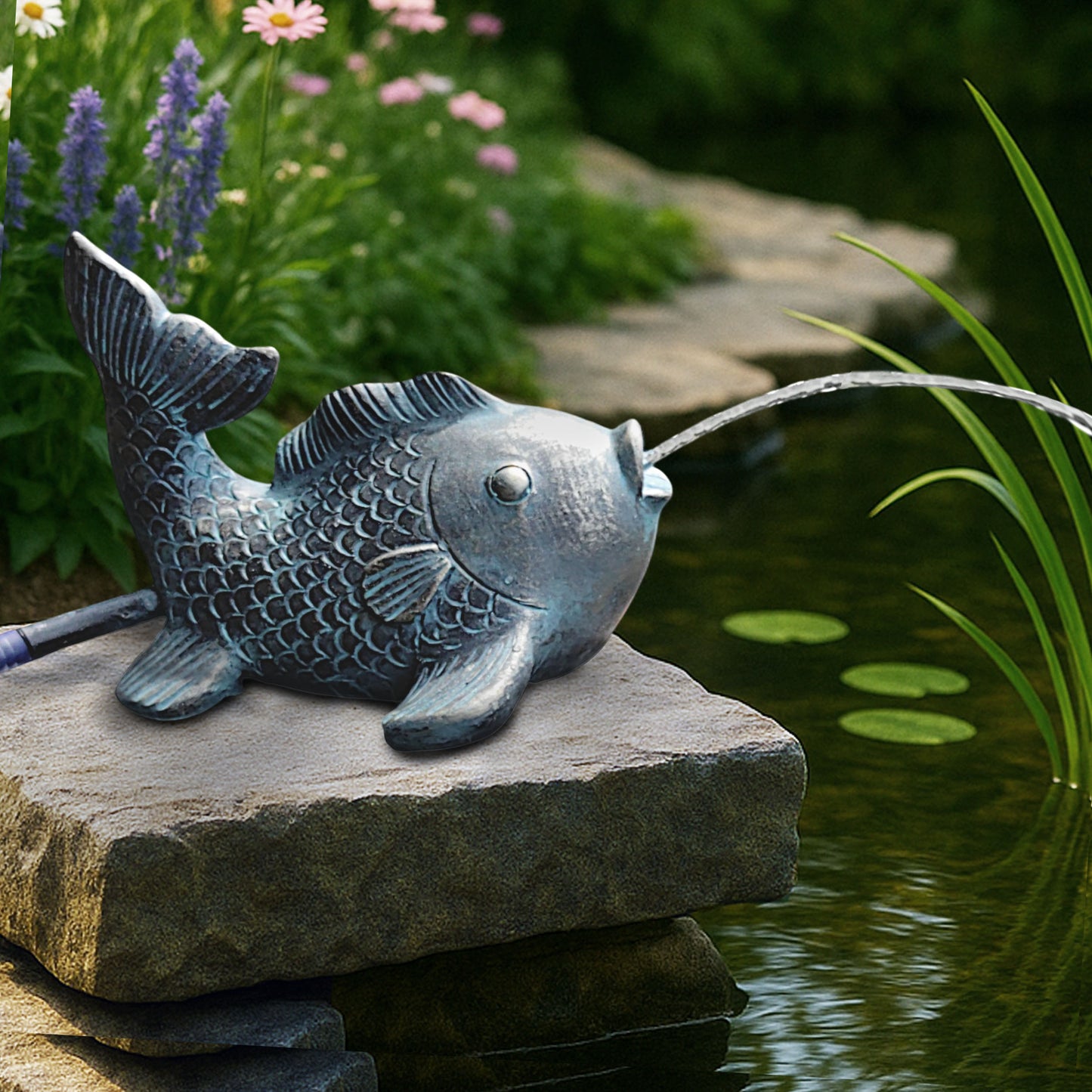 Fisch Karpfen Wasserspeier solarbetrieben – Teichfigur mit Solarpumpe & Wasserspiel – Gartendeko aus Polyresin in Bronze-Optik – 17,5 × 16 × 14 cm – Solarteichfigur für Gartenteich & Wasserlauf