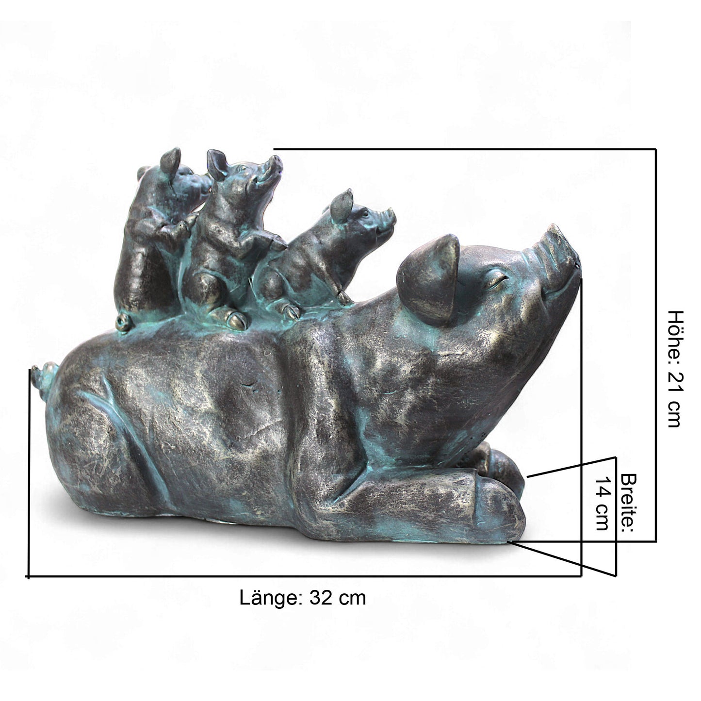 Familie Schwein Wasserspeier solarbetrieben – Teichfigur mit Solarpumpe & Wasserspiel – Gartendeko aus Polyresin in Bronze-Optik – 32 × 14 × 21 cm – Solarteichfigur für Gartenteich & Wasserlauf