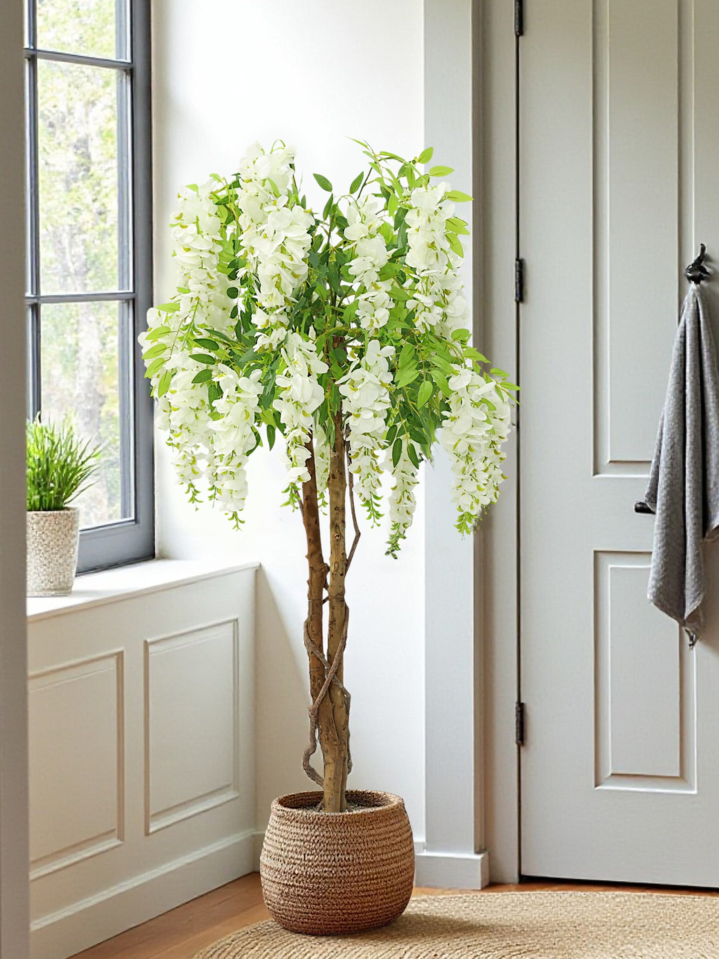 Kunstpflanze Wisteria im Topf 120 cm künstliche Pflanze weiße Blüten Dekopflanze