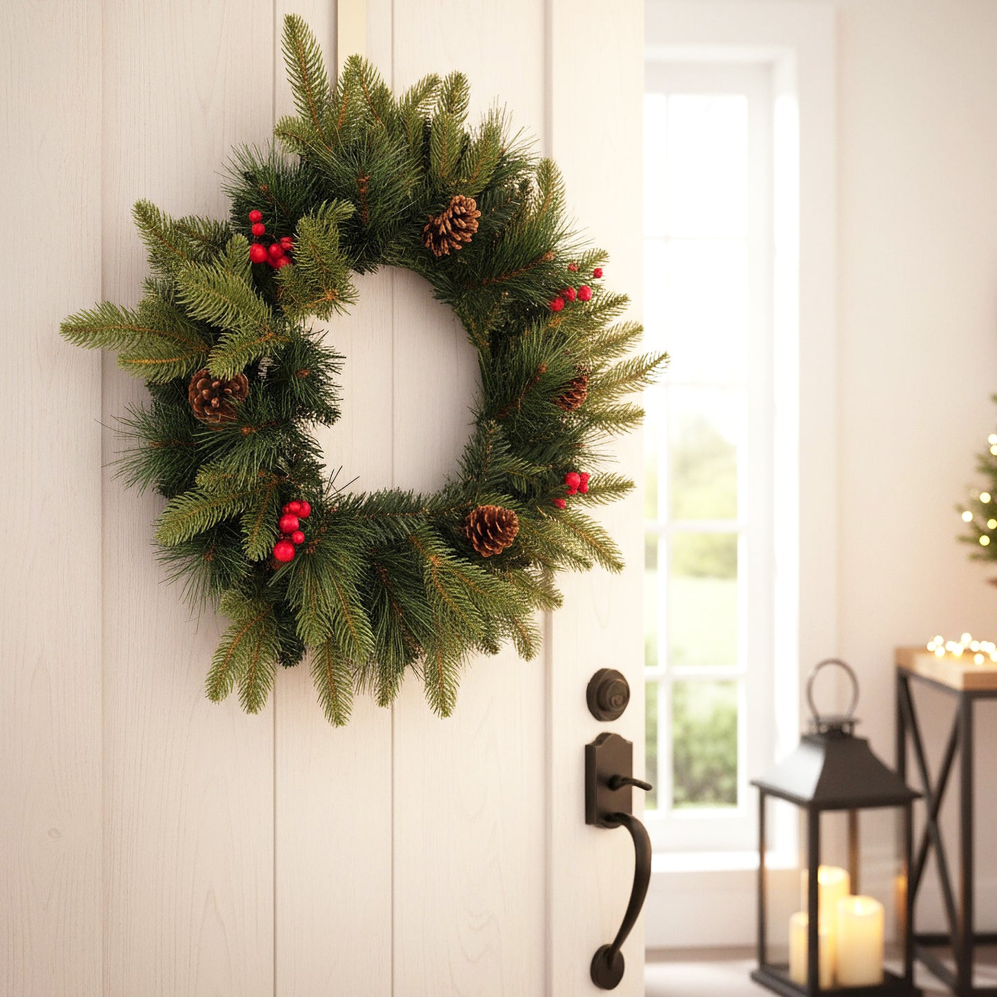 Künstlicher Weihnachtskranz 50 cm – Realistische Tannenzweige mit roten Ilex-Beeren & Tannenzapfen Deko-Kranz Spritzguss Mix