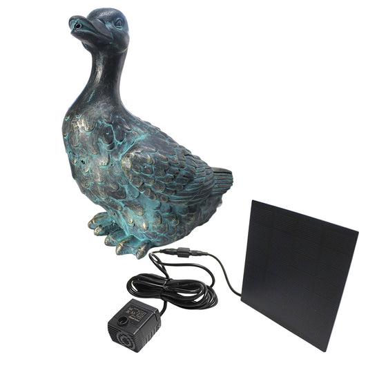 Ente Solarbrunnen Wasserspeier solarbetrieben – Teichfigur mit Solarpumpe & Wasserspiel – Gartendeko aus Polyresin in Bronze-Optik – 26,5 × 16,5 × 29,5 cm – Solarteichfigur für Gartenteich & Wasserlauf