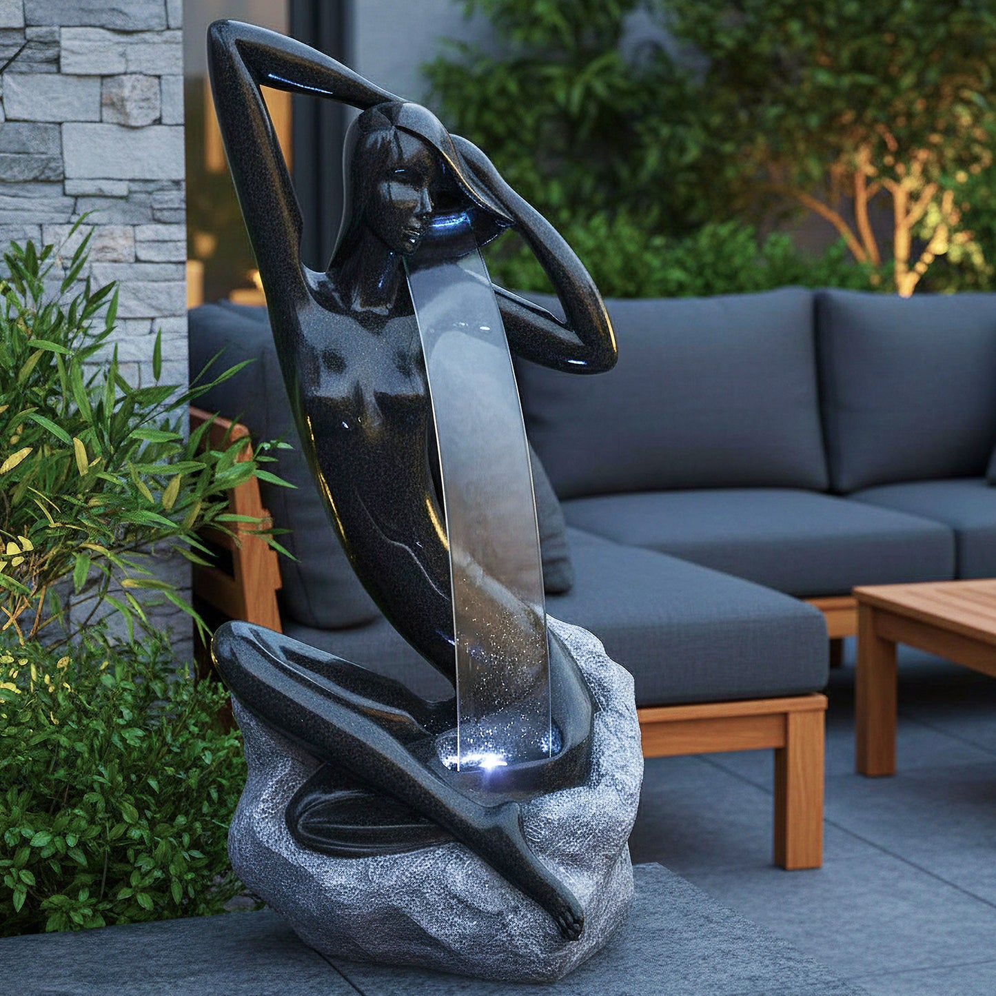 Design Springbrunnen mit LED Beleuchtung Zimmerbrunnen 101 cm Granit-Optik Gartenbrunnen Skulptur Brunnen Wasserspiel