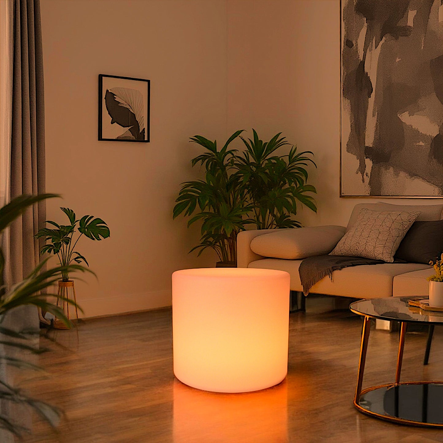 LED Hocker 45 cm hoch & 50 cm Ø Stylischer Leuchthocker Beistelltisch, Akku & Fernbedienung Lounge Möbel