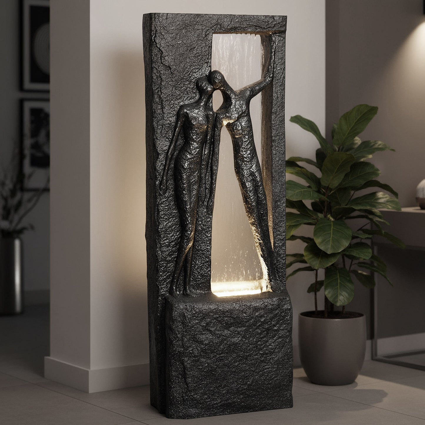 Springbrunnen Gartenbrunnen Zimmerbrunnen mit LED Beleuchtung 99,5cm mit Glasplatte Bronze-Steinoptik