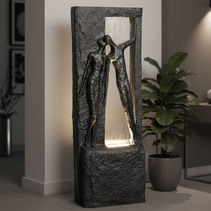 Springbrunnen Gartenbrunnen Zimmerbrunnen mit LED Beleuchtung 99,5cm mit Glasplatte Bronze-Steinoptik