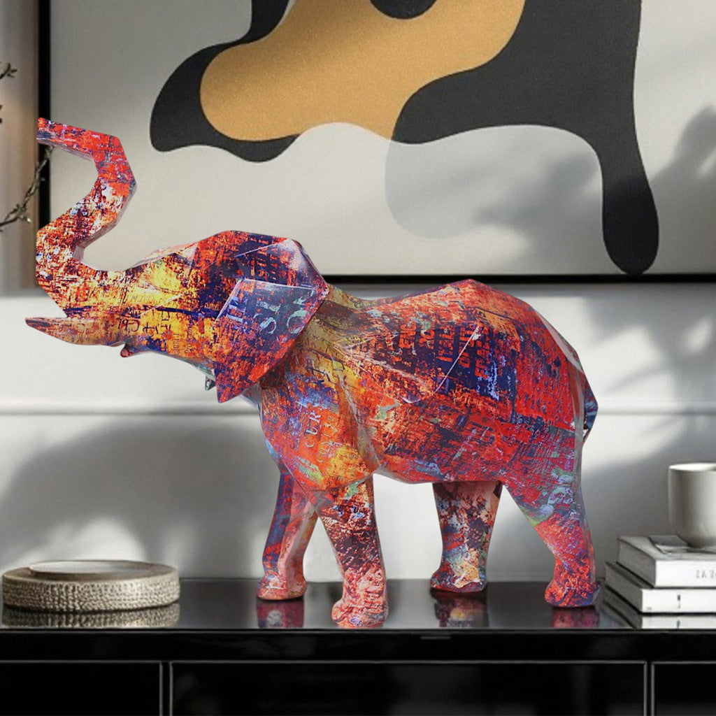 Dekofigur Elefant 38 cm Modernes Pop Art und Graffiti Design Kantige geometrische Skulptur aus Polyresin Bunte Deko für Wohnzimmer und Büro Hingucker und Geschenkidee