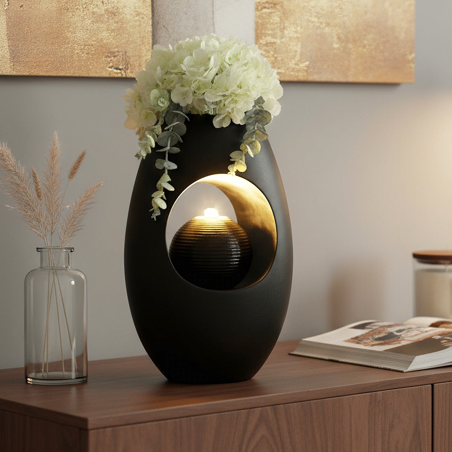 Zimmerbrunnen Blumenvase schwarz BK913 mit LED Beleuchtung Tischbrunnen Vase modern Brunnen Wasserspiel 40 cm