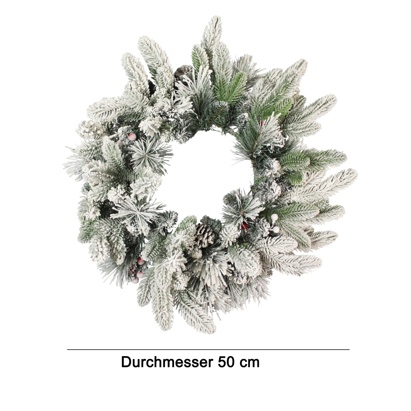 Künstlicher Weihnachtskranz 50 cm verschneit Kunstschnee Tannenzweige mit roten Ilex-Beeren & Tannenzapfen Deko-Kranz Spritzguss Mix