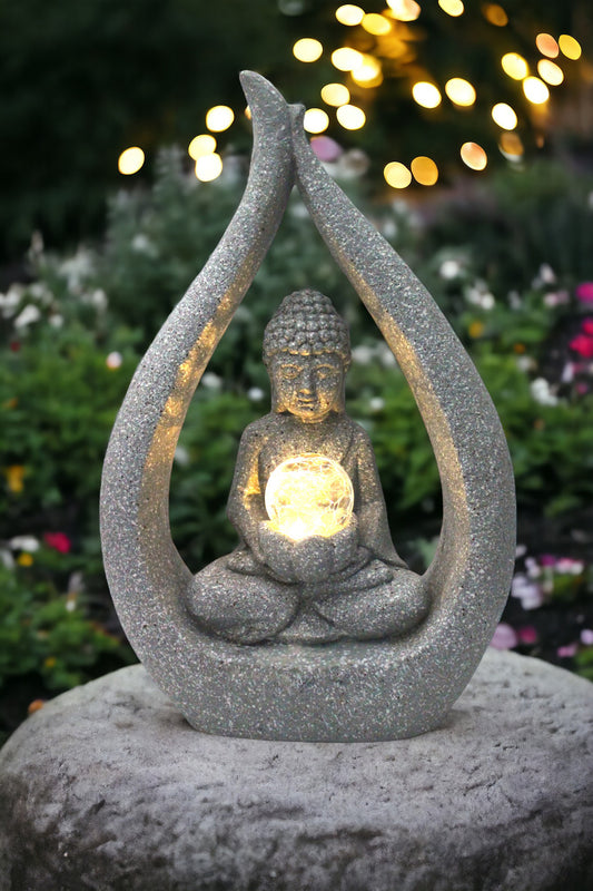 Solarleuchte Buddha Skulptur Granit-Optik mit Glaskugel moderne Solarlampe 30x15x46 cm