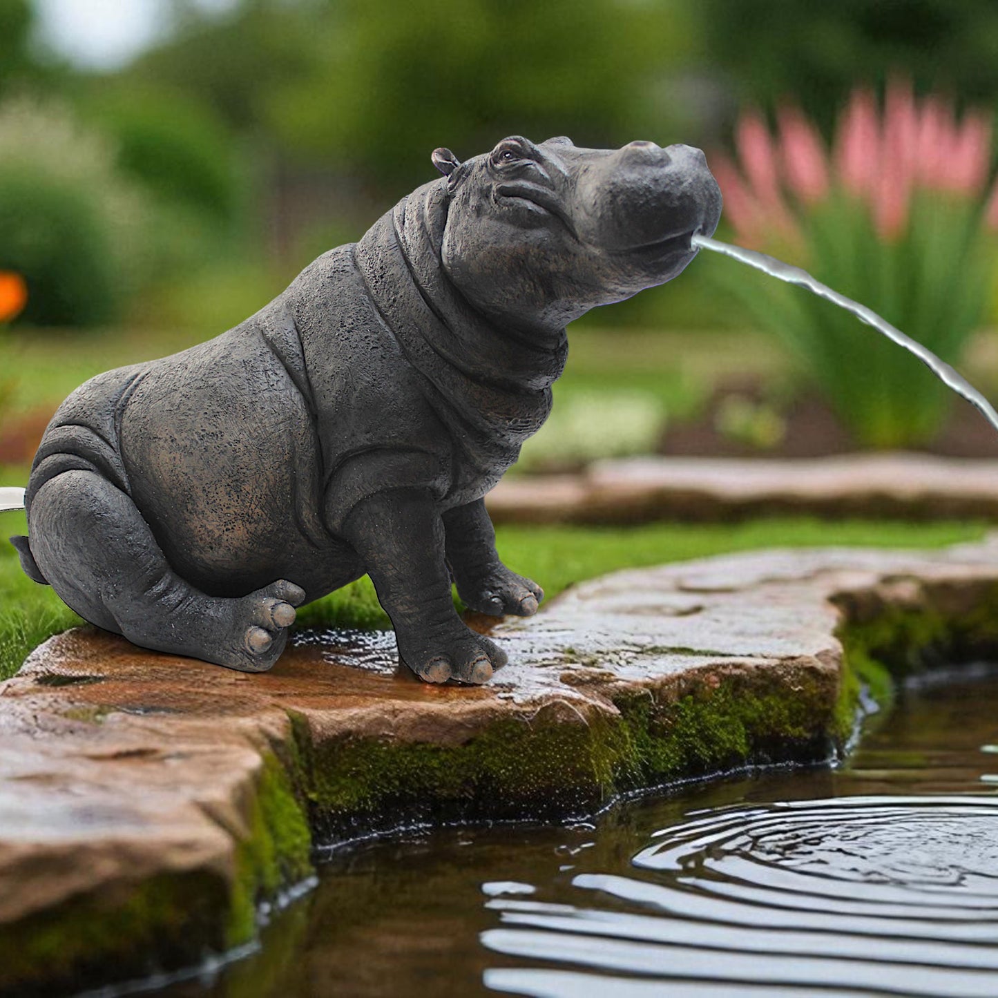 Solar Wasserspeier Nilpferd 34 cm detailreich Teichfigur Teichdeko Gartenfigur Gartendeko Springbrunnen Solarbrunnen Brunnen