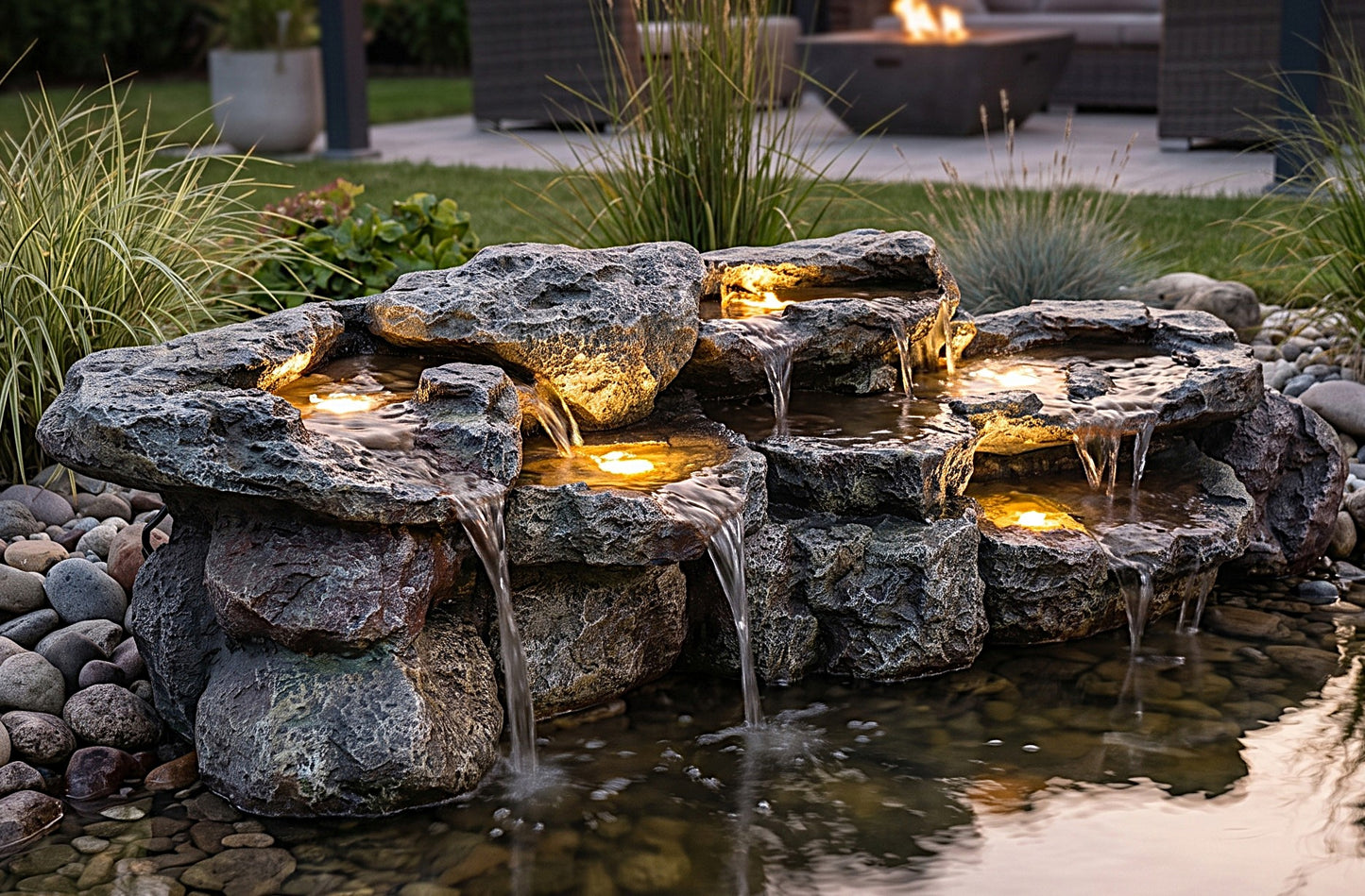 Großer Wasserfall für Teich BK-T200, 109 cm Kunstfelsen mit Pumpe & 5 LED