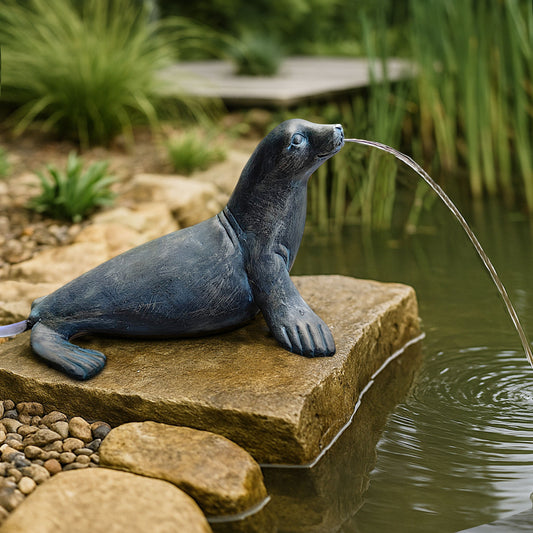 Seehund Wasserspeier solarbetrieben – Teichfigur mit Solarpumpe & Wasserspiel – Gartendeko aus Polyresin in Bronze-Optik – 30 × 23 × 20 cm – Solarteichfigur für Gartenteich & Wasserlauf