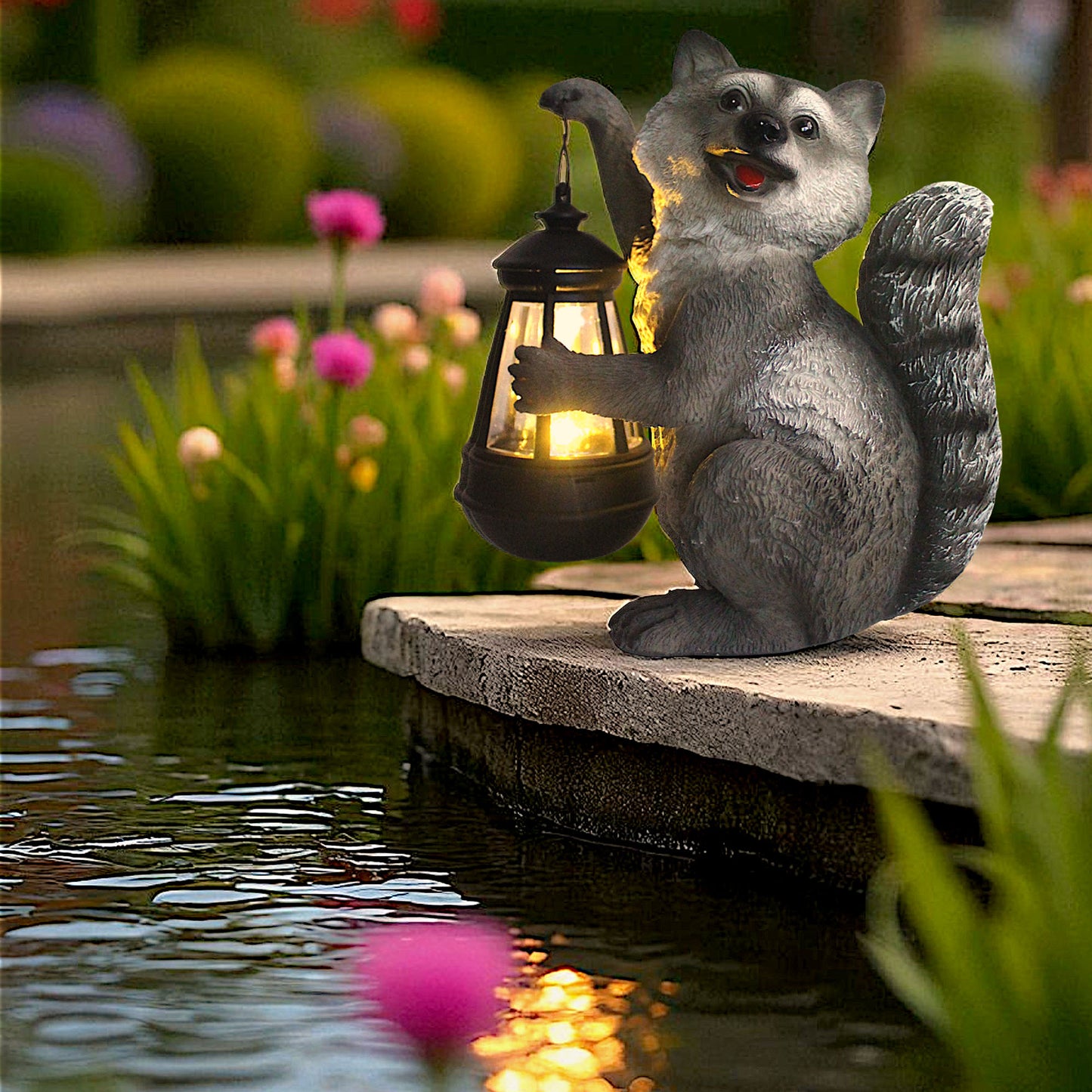 Waschbär Solarleuchte mit LED Laterne Solarlampe Gartenfigur aus Polyresin – warmweißes Licht bei Dämmerung – wetterfeste Deko 21 cm mit austauschbarem Akku