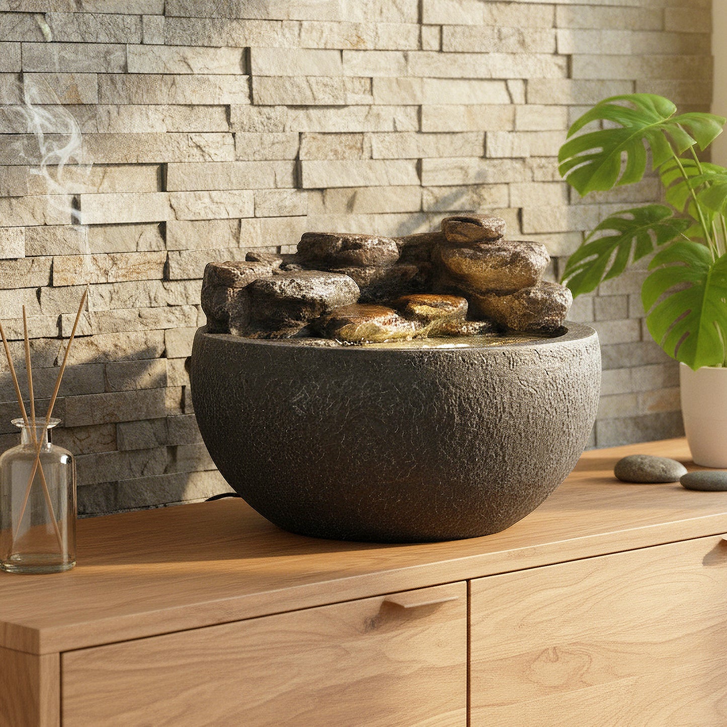 Springbrunnen mit LED Beleuchtung TP3003 Zimmerbrunnen rund Stein-Optik Wasserfall Gartenbrunnen 42x30 cm Wasserspiel Deko