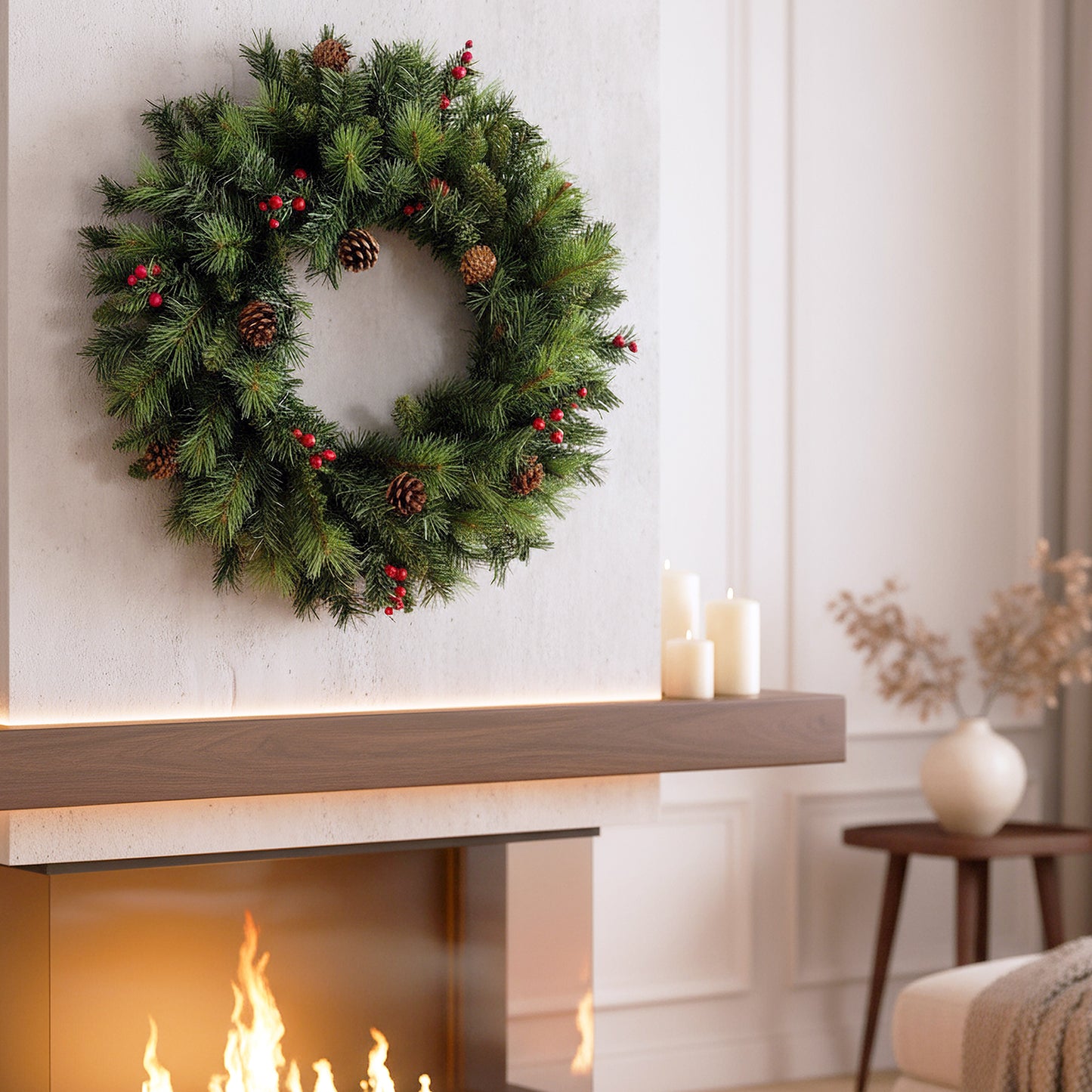 Künstlicher Weihnachtskranz 60 cm – Realistische Tannenzweige mit roten Ilex-Beeren & Tannenzapfen Deko-Kranz