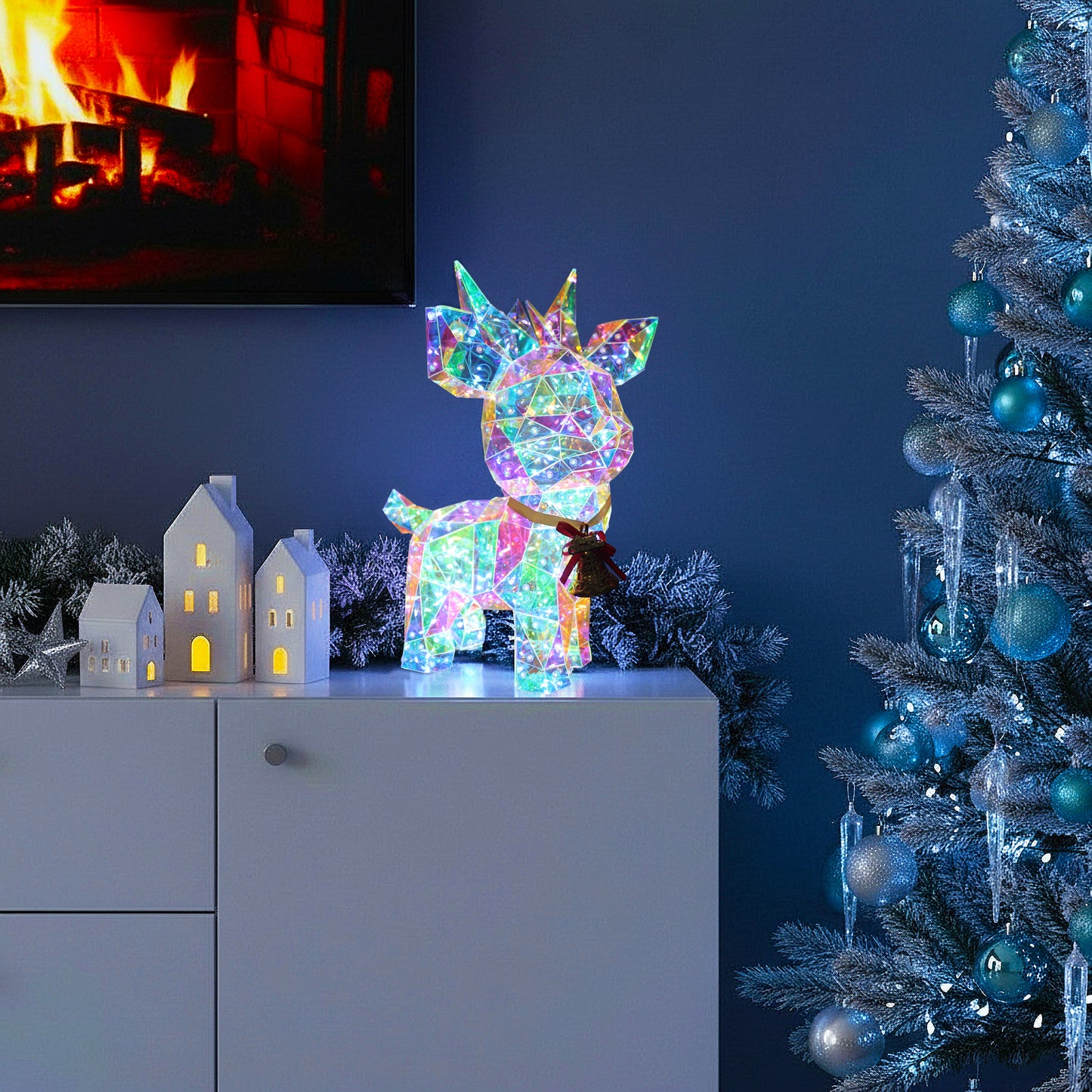 Beleuchtetes Rentier LED Kristall-Optik 41 cm – kaltweiß leuchtende Weihnachtsdekoration für Innen & Terrasse – Netzteil mit Timer 6 h – festliche Winterdeko Weihnachtsbeleuchtung